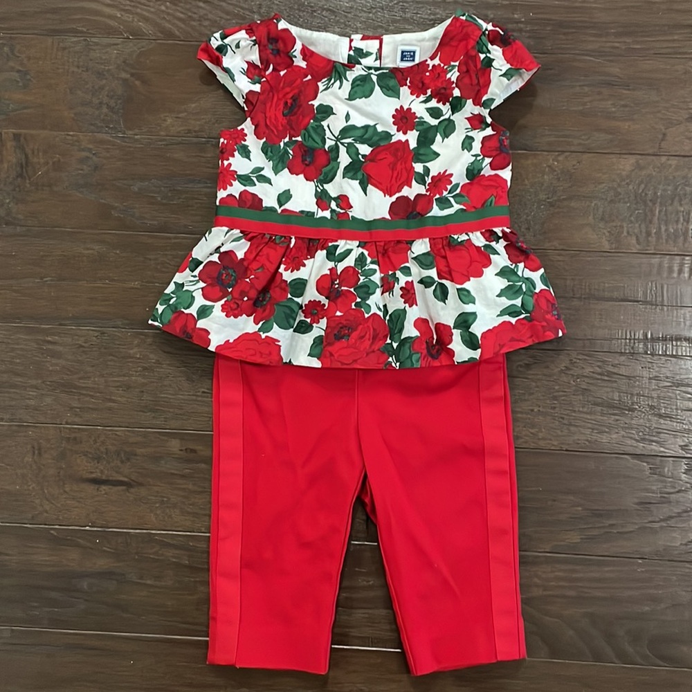 Janie and Jack Red Floral Top and Pants Outfit Set Girl 12-18M